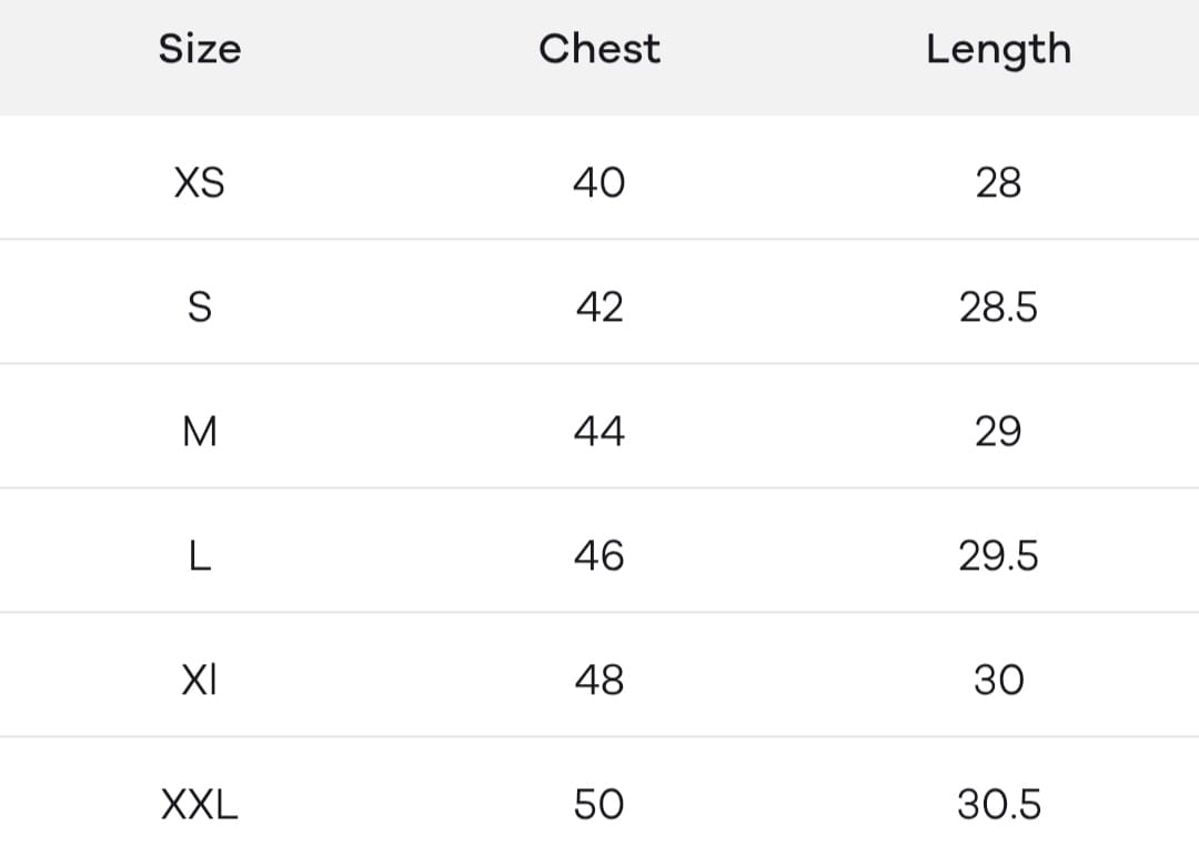 VSH Studio size chart: chest, length and shoulder measurements in inches